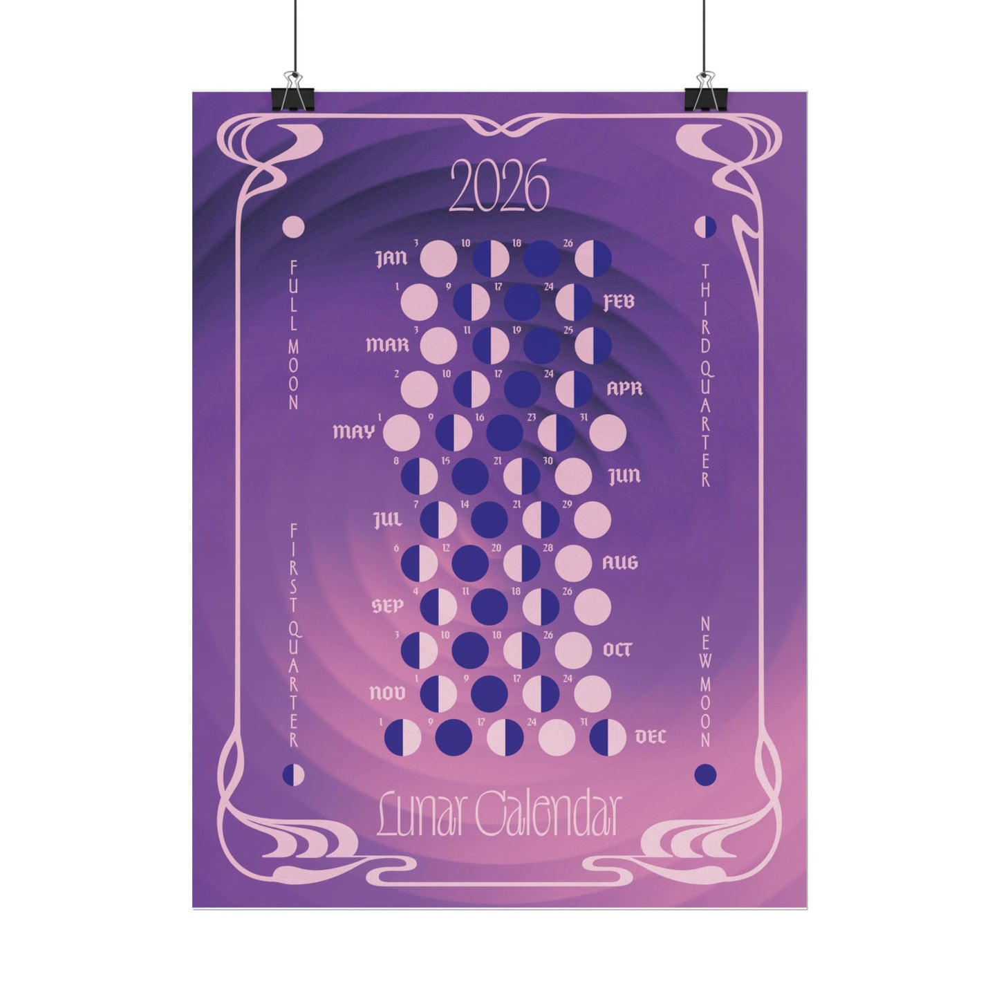 2026 Moon Phase Calendar β Art Nouveau Lunar Wall Art