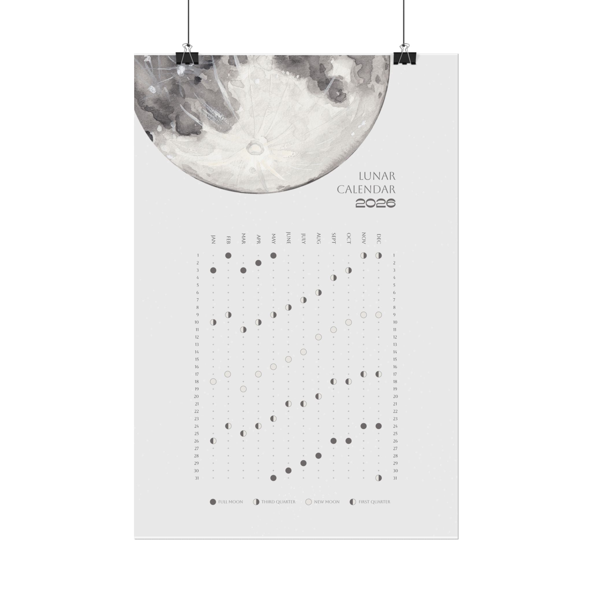 2026 Lunar Phase Calendar Moon Calendar for 2026 Modern Art Wall Decor Moon Phases Poster