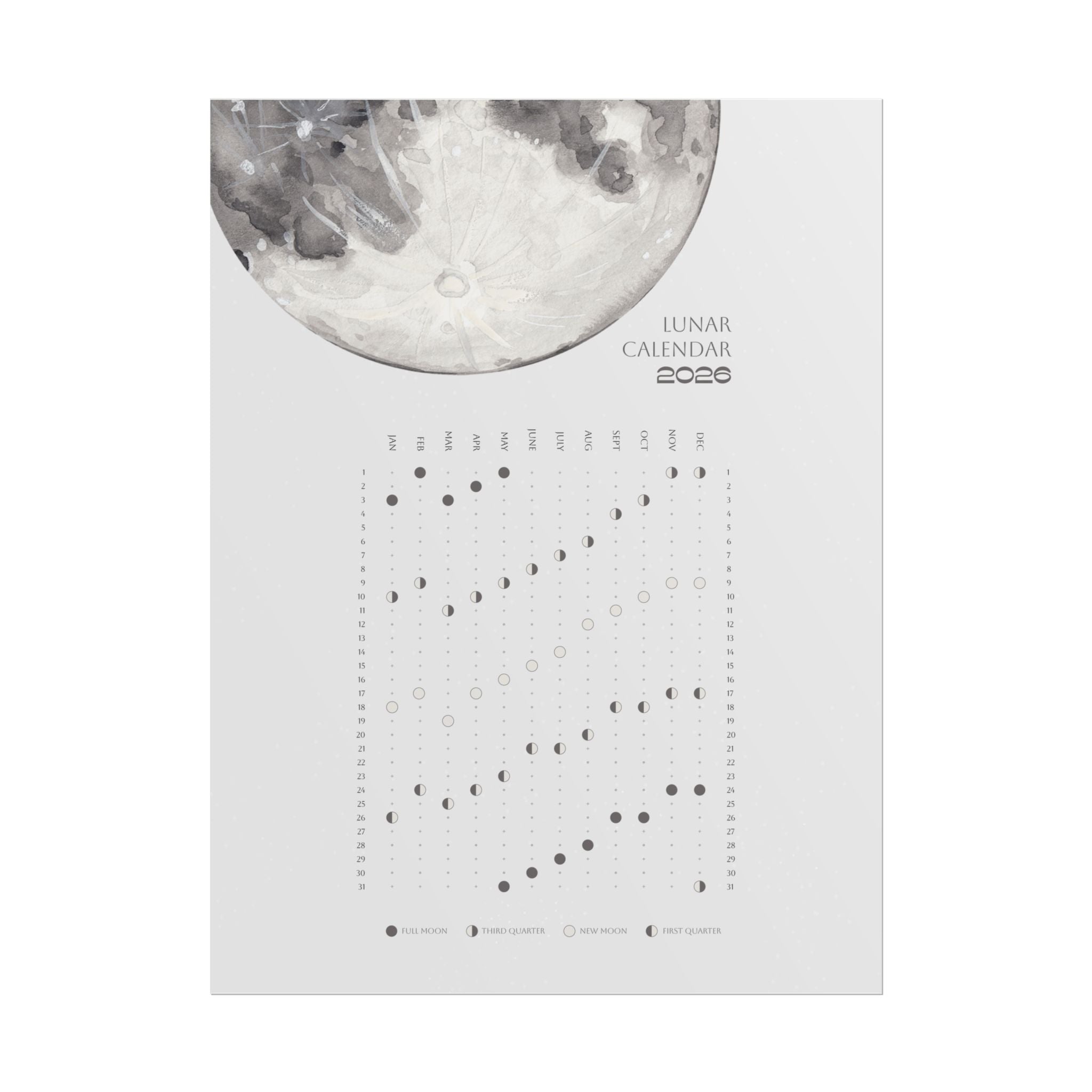 2026 Lunar Phase Calendar Moon Calendar for 2026 Modern Art Wall Decor Moon Phases Poster