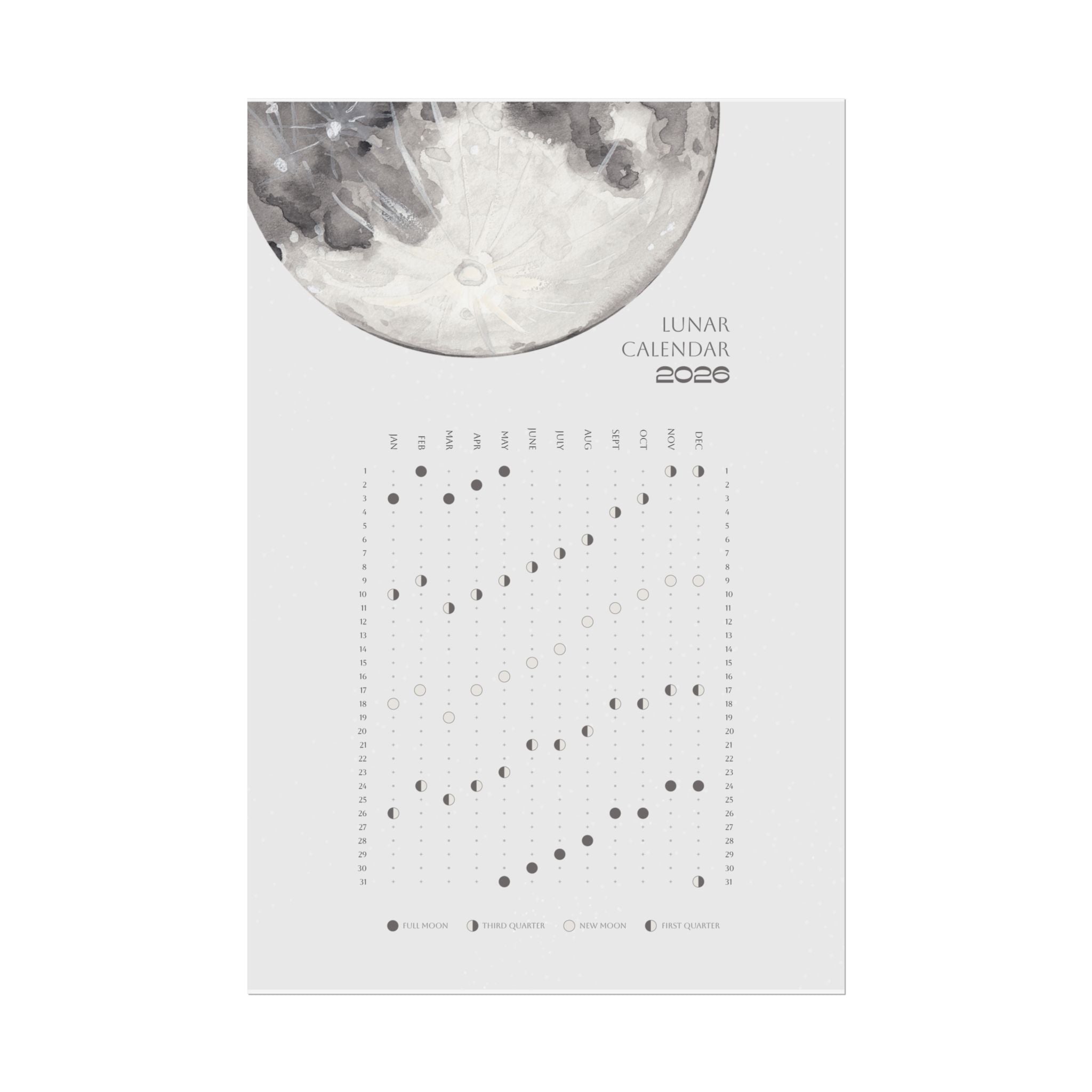 2026 Lunar Phase Calendar Moon Calendar for 2026 Modern Art Wall Decor Moon Phases Poster