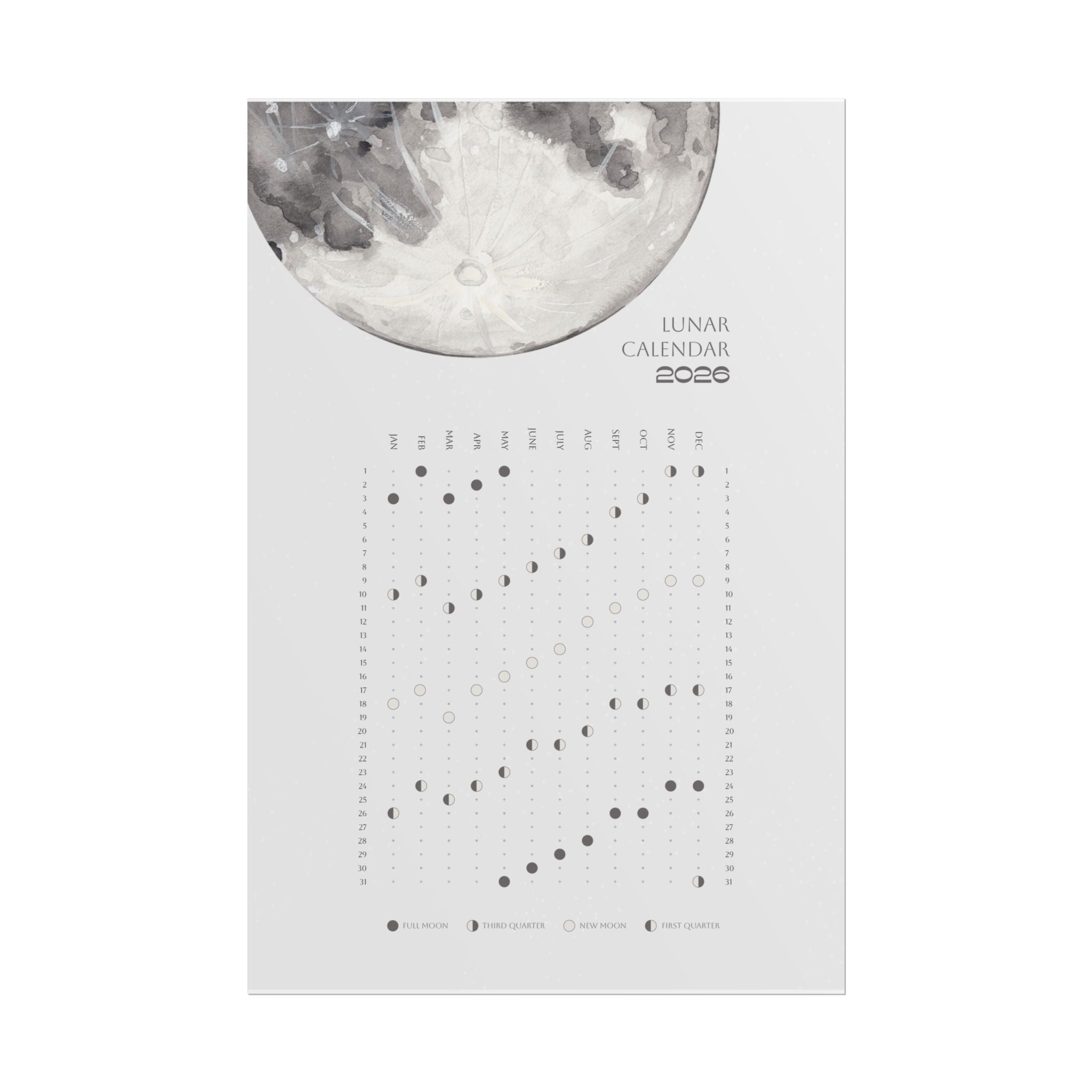 2026 Lunar Phase Calendar Moon Calendar for 2026 Modern Art Wall Decor Moon Phases Poster