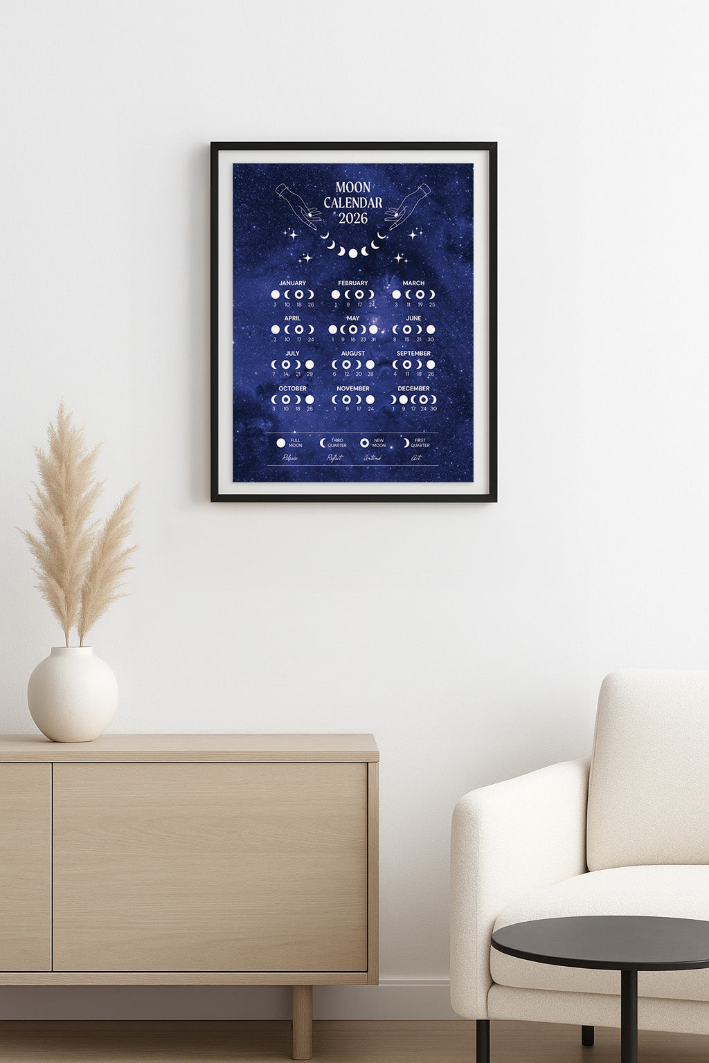 2026 Lunar Phase Calendar Moon Calendar for 2026 Modern Art Wall Decor Moon Phases Poster 11"x14" inches