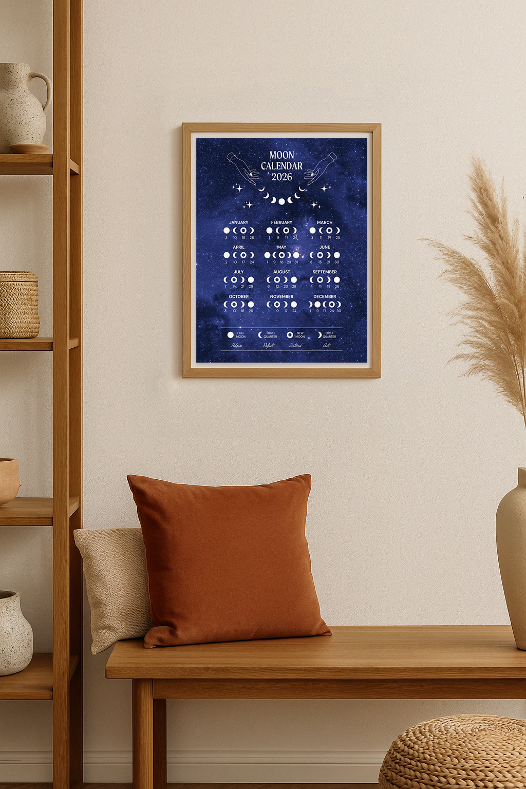 2026 Lunar Phase Calendar Moon Calendar for 2026 Modern Art Wall Decor Moon Phases Poster 11"x14" inches