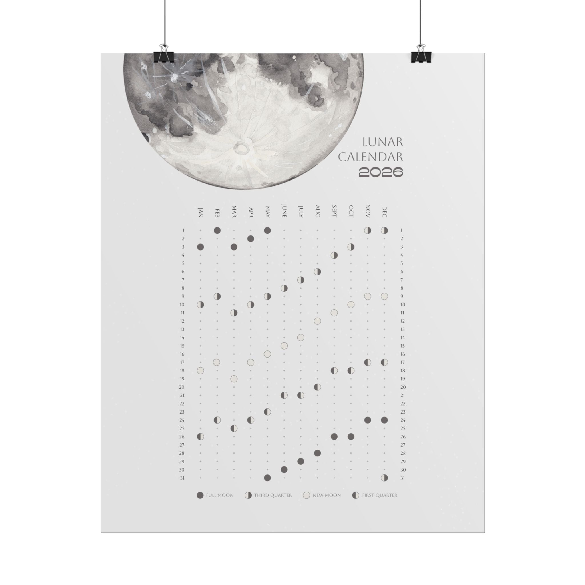 2026 Lunar Phase Calendar Moon Calendar for 2026 Modern Art Wall Decor Moon Phases Poster