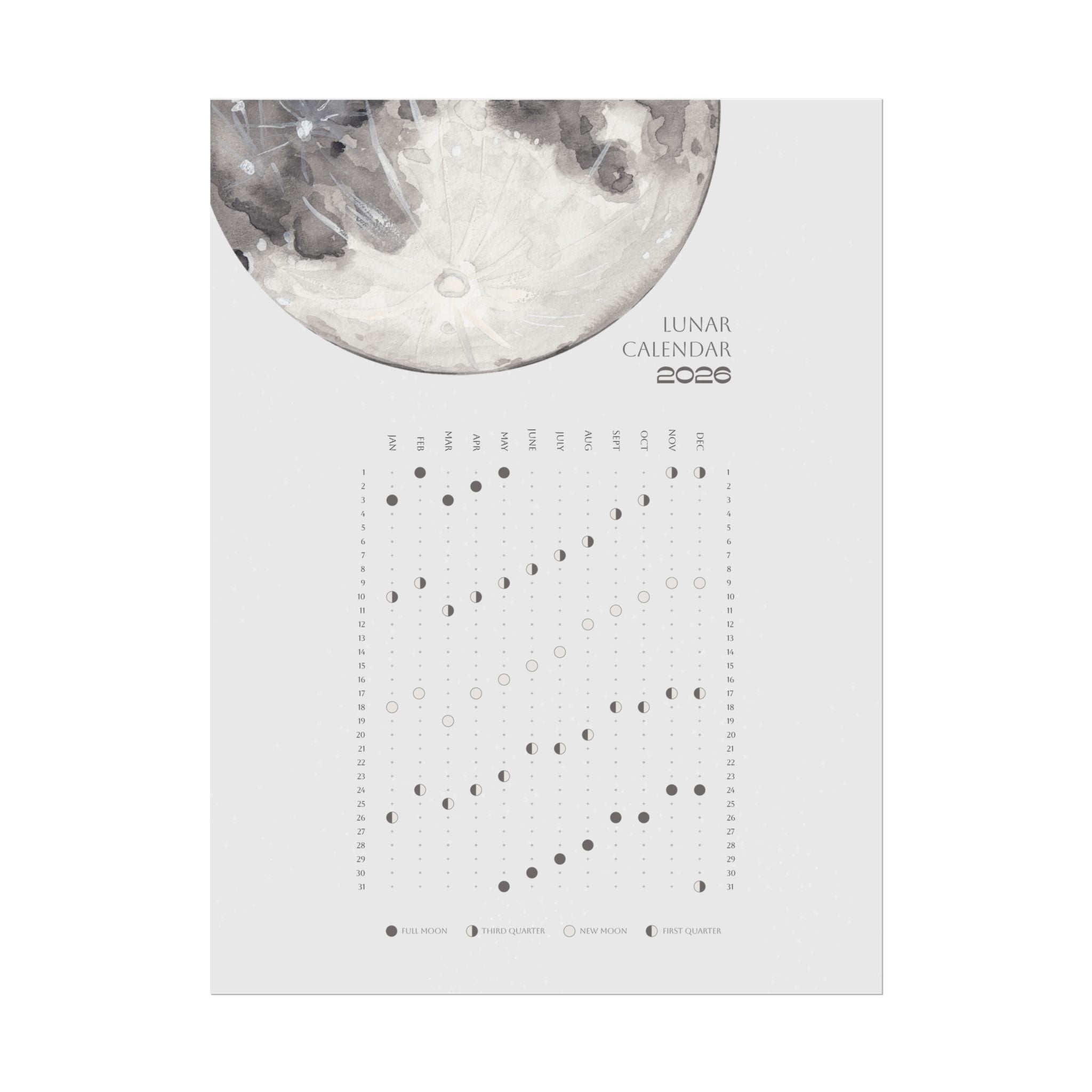 2026 Lunar Phase Calendar Moon Calendar for 2026 Modern Art Wall Decor Moon Phases Poster