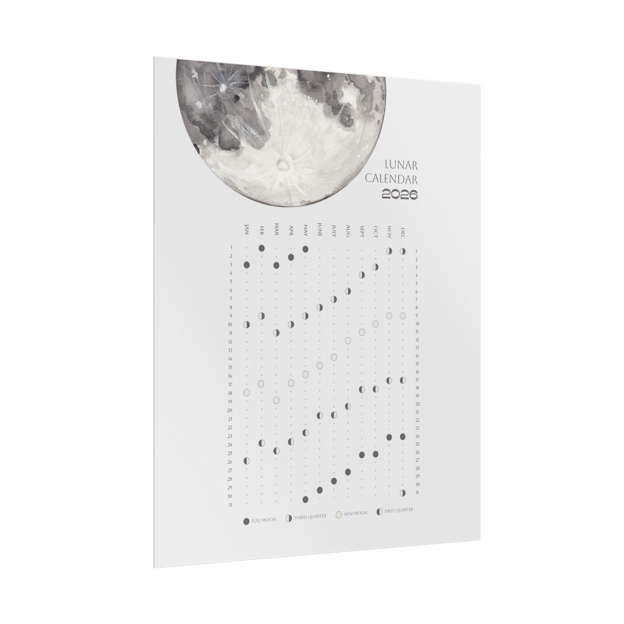 2026 Lunar Phase Calendar Moon Calendar for 2026 Modern Art Wall Decor Moon Phases Poster