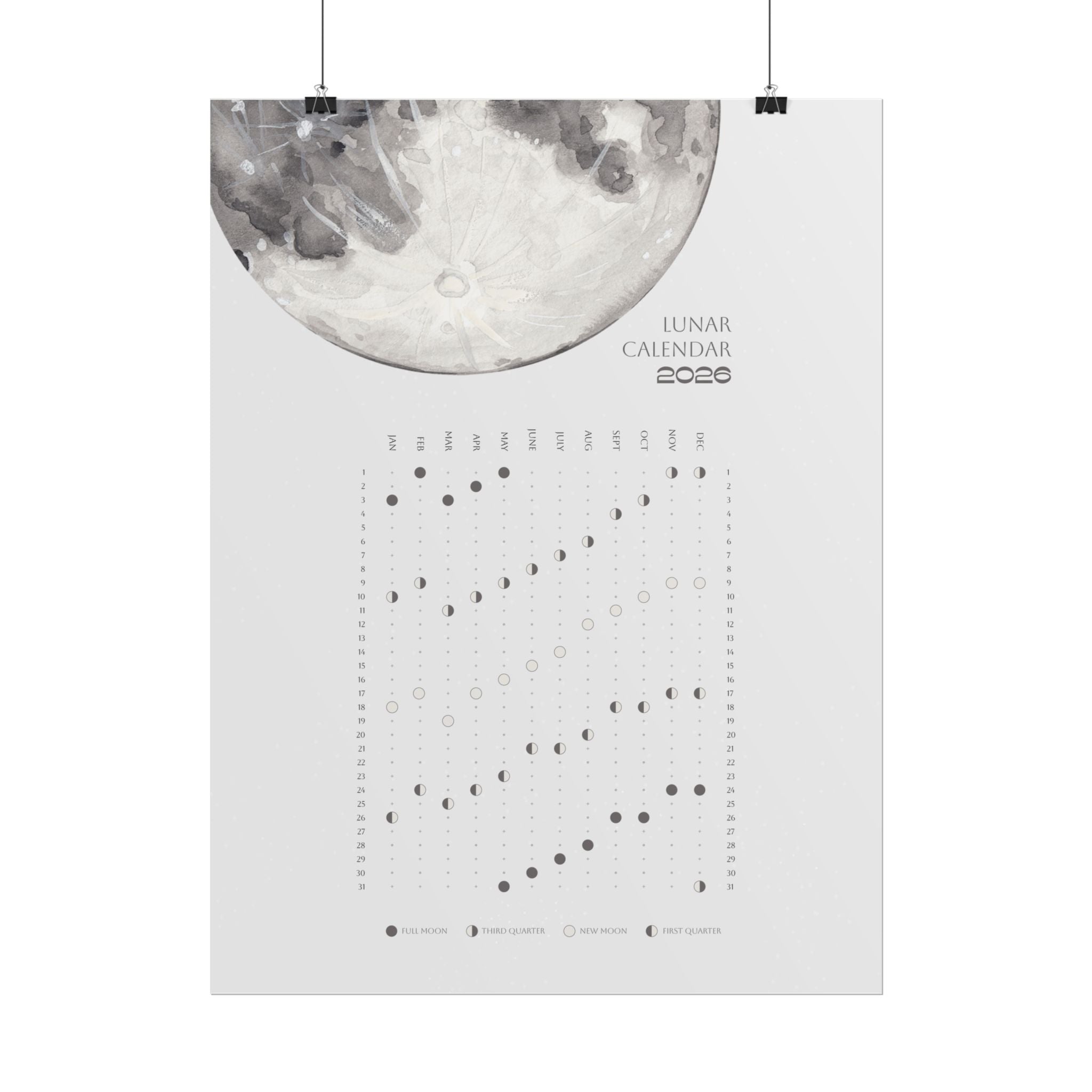 2026 Lunar Phase Calendar Moon Calendar for 2026 Modern Art Wall Decor Moon Phases Poster
