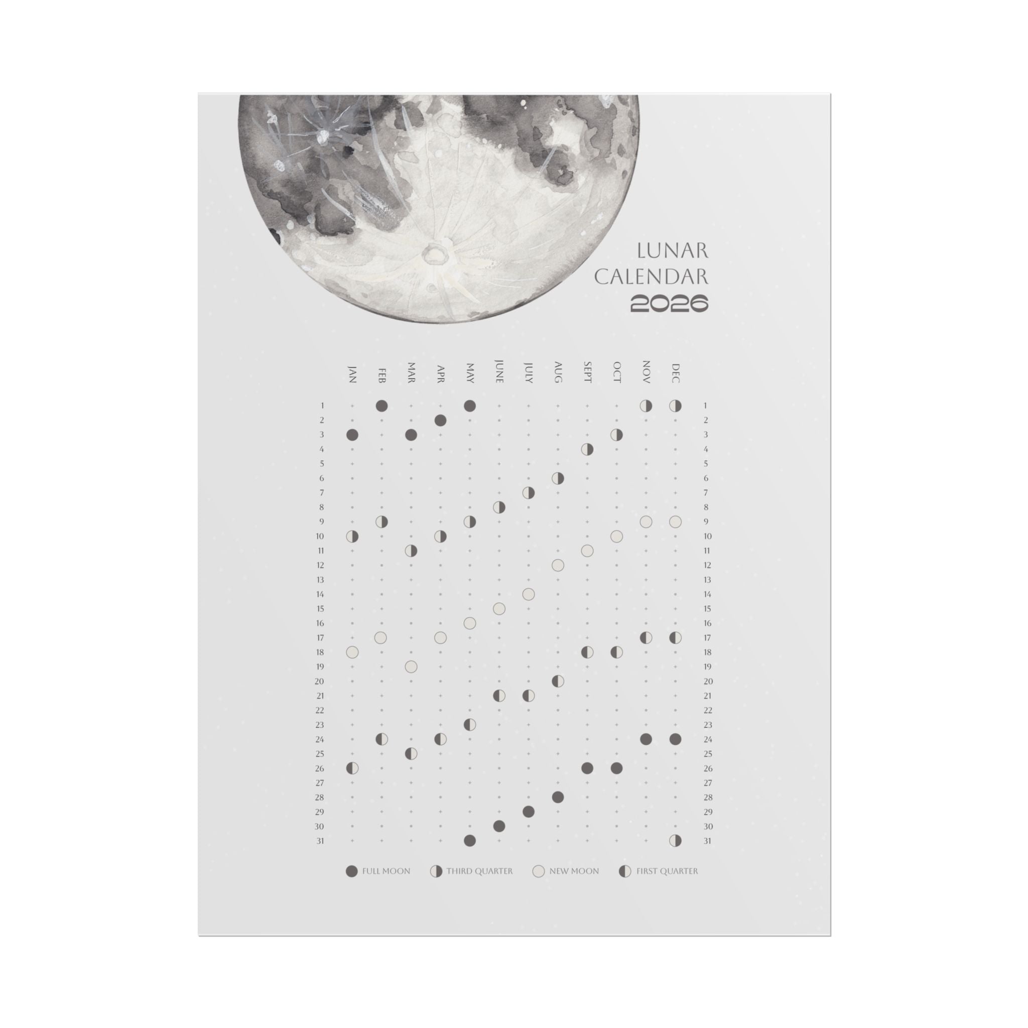 2026 Lunar Phase Calendar Moon Calendar for 2026 Modern Art Wall Decor Moon Phases Poster